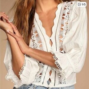 NWT - Free People White Crochet Lace V-Neck Blouse (sz - med)